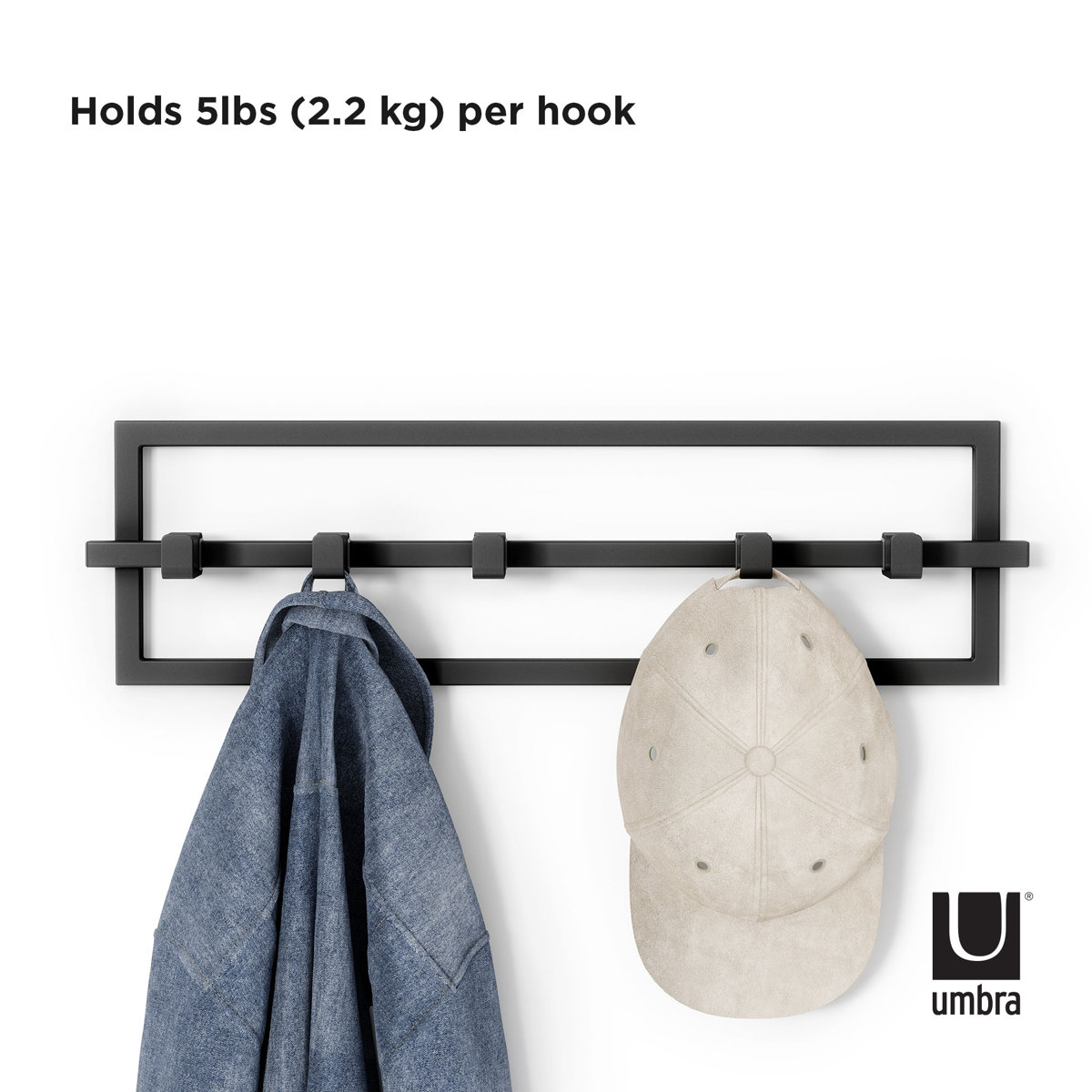 Umbra Cubiko Wall-Mounted Steel Coat Rack with 5 Adjustable Hooks, Black